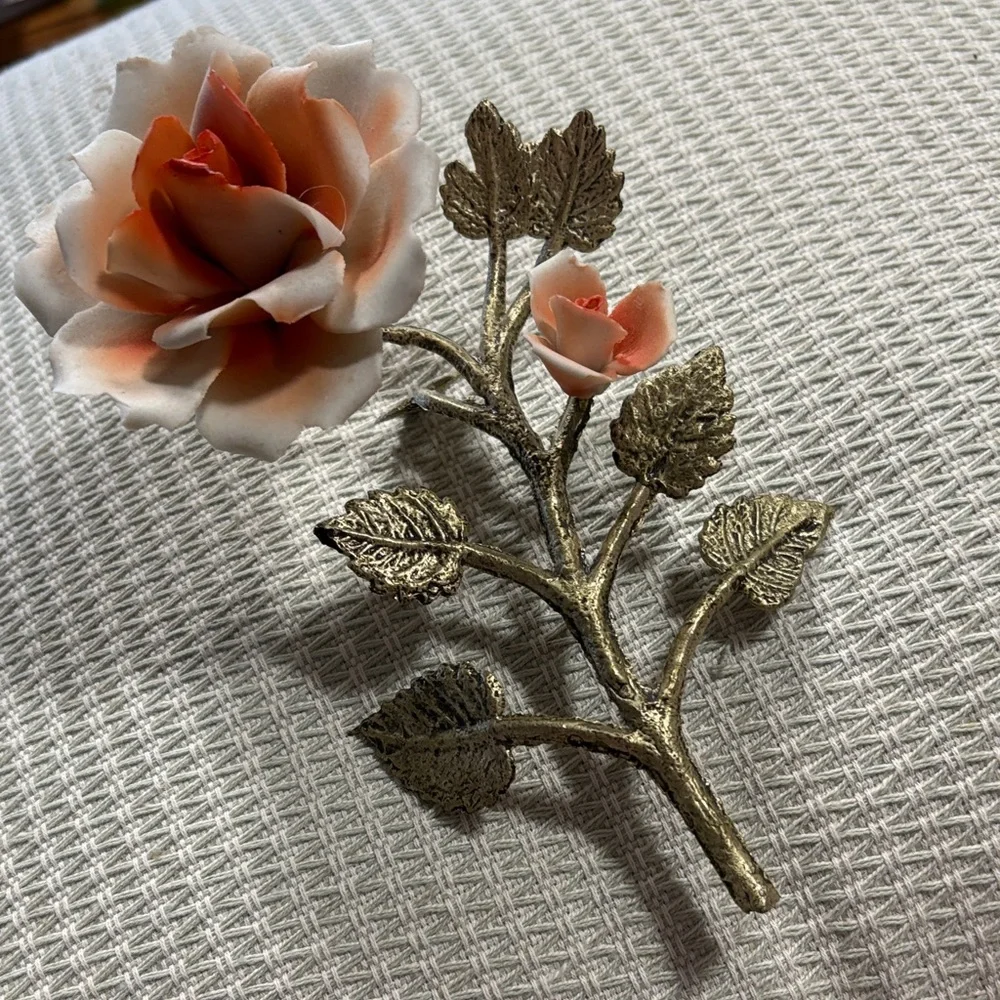 vintage Capodimonte porcelain rose figurine handcrafted orange white flower